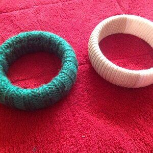 Vintage Corded Beige & White and Retro Green Knit Bangle Bracelets
